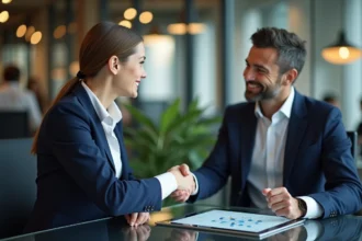 Femme en blazer serrant la main d’un homme d’affaires dans un espace coworking