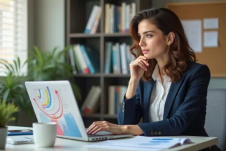 Femme en réunion dans un bureau moderne avec diagramme stratégique