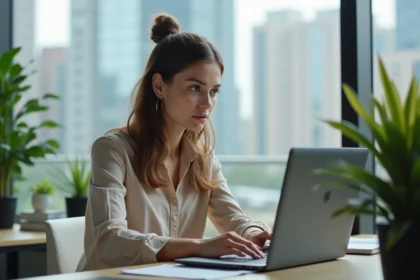 Jeune femme professionnelle travaillant sur un ordinateur avec AgileTime