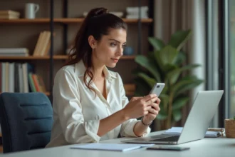 Femme au bureau regardant son téléphone avec numéro visible