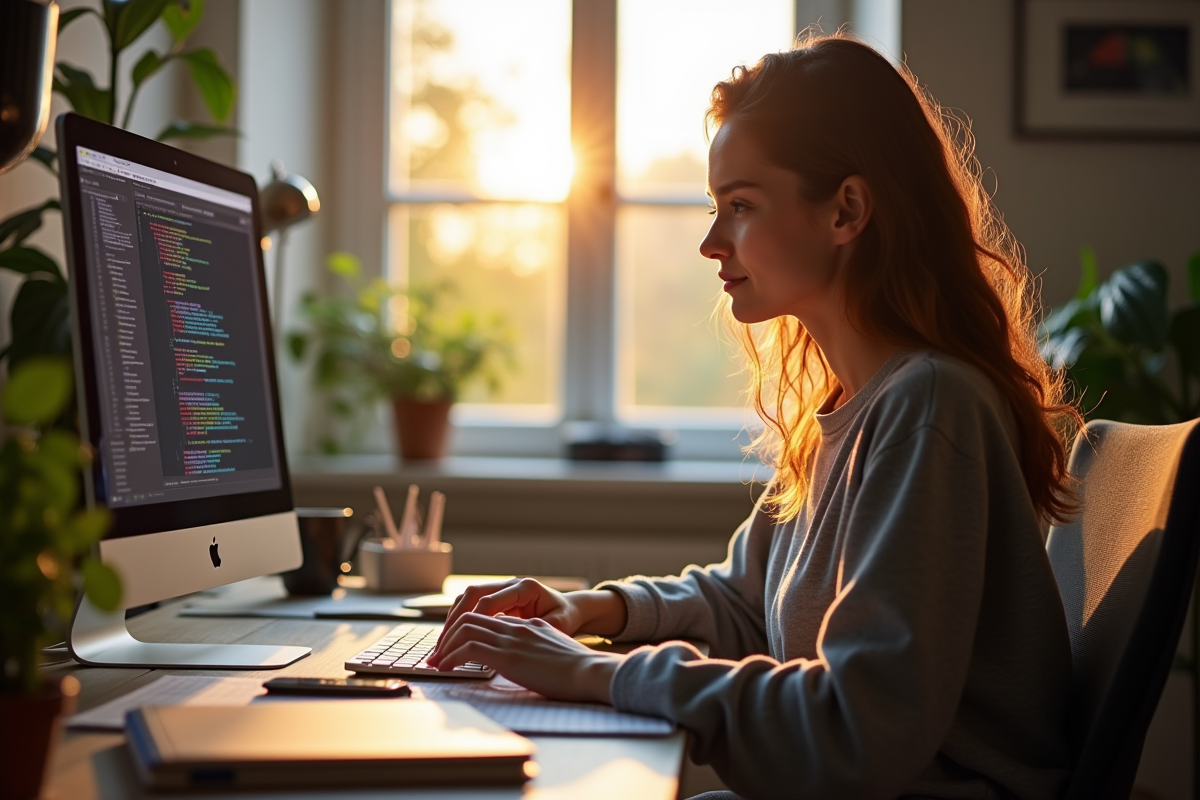 Jeune femme travaillant à domicile avec ordinateur et graphiques