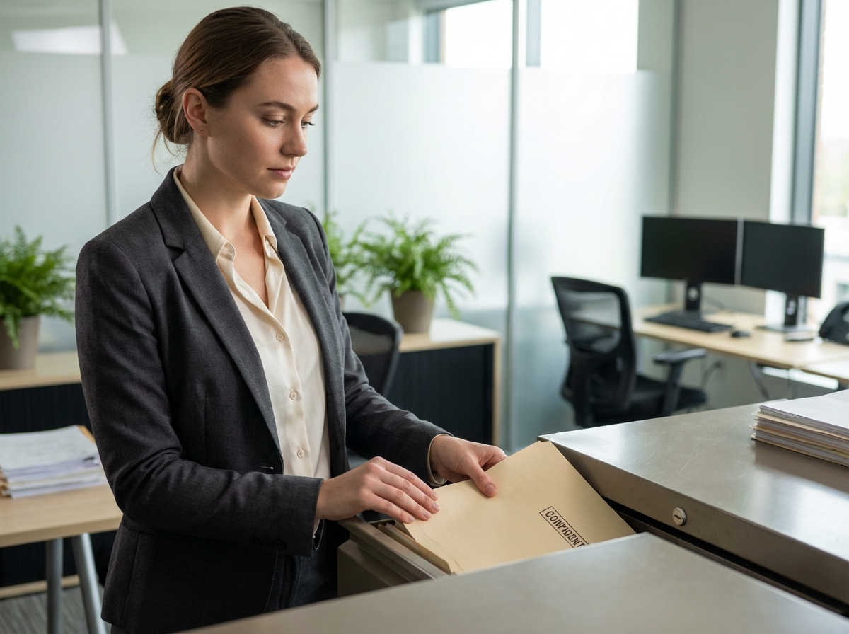 Femme organisée classant des documents confidentiels au bureau