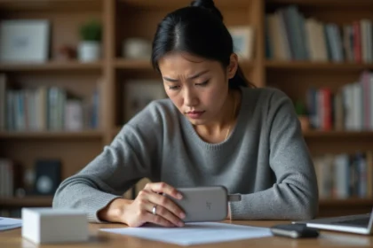 Femme examinant le marquage CE sur un chargeur électronique acheté en ligne, comparant la certification avant achat