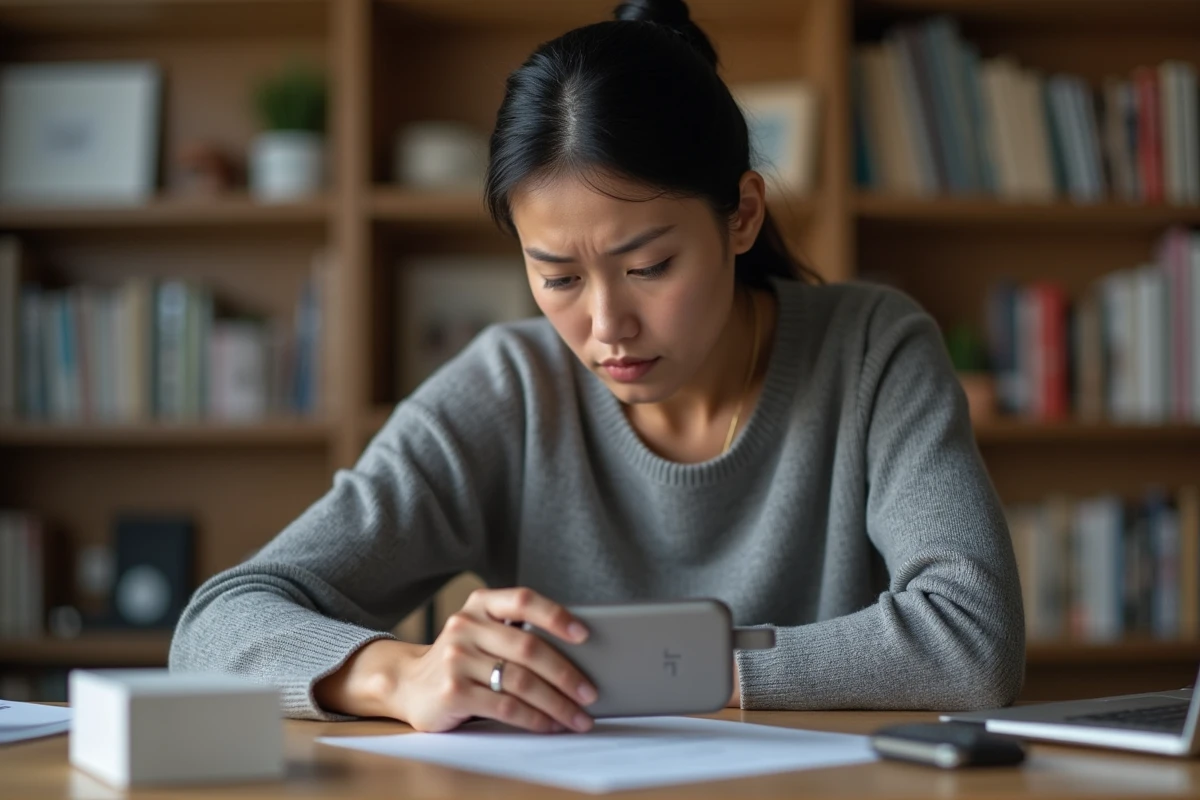 Femme examinant le marquage CE sur un chargeur électronique acheté en ligne, comparant la certification avant achat