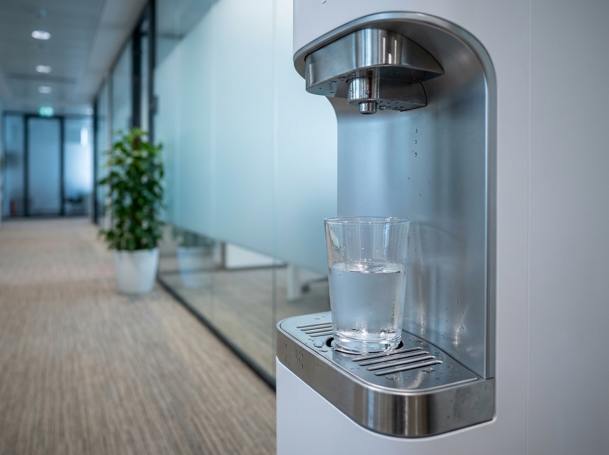 Fontaine à eau sans bonbonne installée dans un couloir de bureau professionnel avec verre d'eau transparent sur le plateau