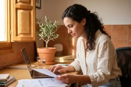 Femme freelance à Marseille révisant sa première facture à son bureau à domicile