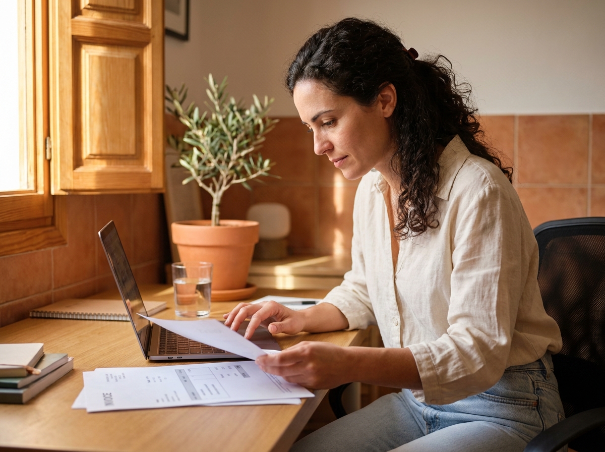Femme freelance à Marseille révisant sa première facture à son bureau à domicile