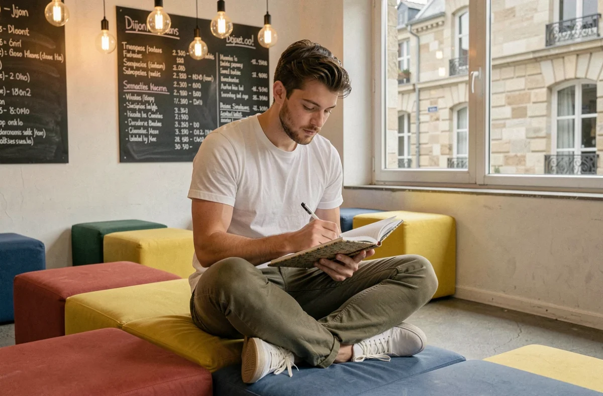 Jeune freelance prenant des notes dans une zone informelle d'un espace de coworking à Dijon avec vue sur l'architecture historique