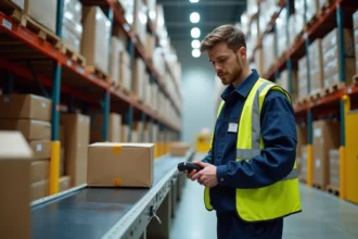 Préparateur de commandes chez Amazon en pleine action dans un entrepôt