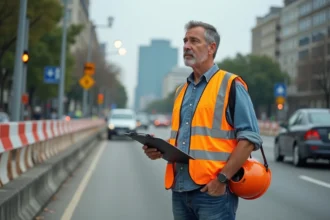 Gilet de sécurité fluorescent avec bandes réfléchissantes en milieu urbain