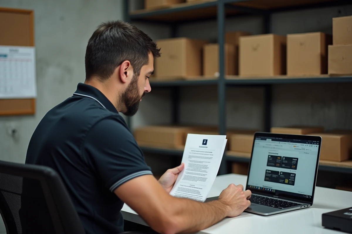 Gérant d'un point de vente comparant les offres Jeux et FDJ Pro sur des brochures imprimées dans son bureau