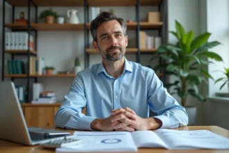 Gérant de SARL assis à son bureau analysant des documents financiers et des simulations de charges sociales