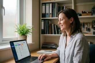 Gérante de petite entreprise consultant un logiciel de suivi d'interventions sur son ordinateur portable dans un bureau ordonné