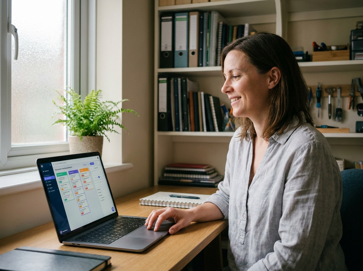 Gérante de petite entreprise consultant un logiciel de suivi d'interventions sur son ordinateur portable dans un bureau ordonné