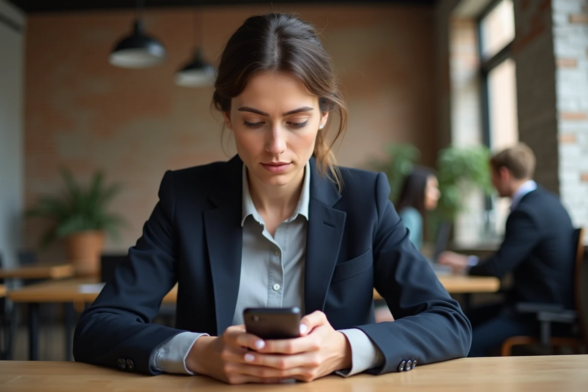 Femme professionnelle gérant des réservations de bureau sur son smartphone dans un espace de co-working moderne