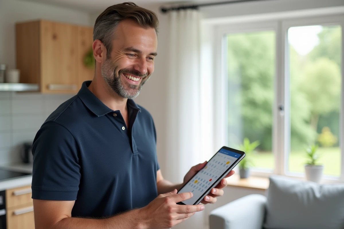 Gestionnaire de location meublée consultant un calendrier de réservation sur tablette dans un appartement de vacances moderne