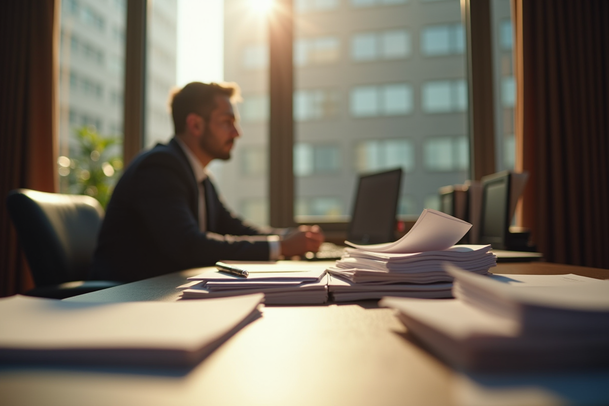 Greffier au travail dans un bureau avec documents et lumière