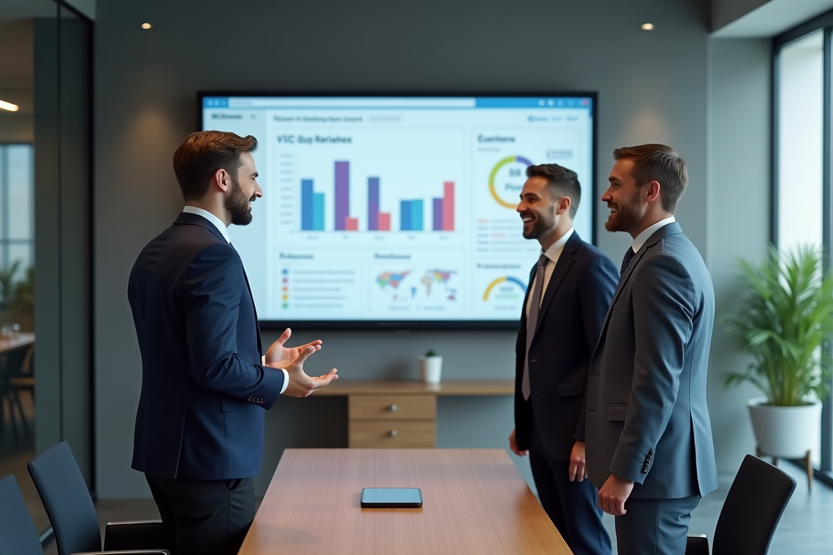 Groupe de professionnels discutant devant un écran extranet CIVC