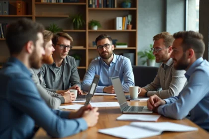 Groupe de professionnels en atelier collaboratif