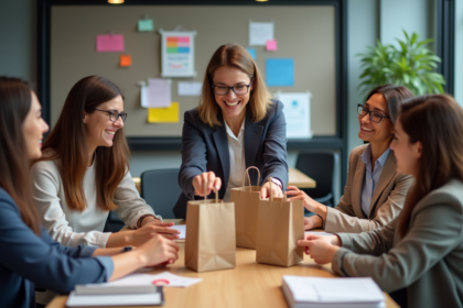 Groupe de professionnels échangeant des sacs cadeaux en bureau