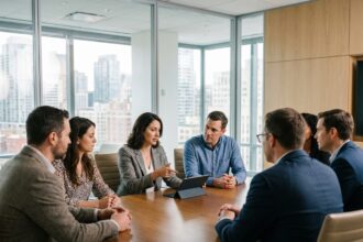 Groupe de professionnels en discussion lors d'une réunion