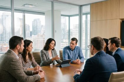 Groupe de professionnels en discussion lors d'une réunion
