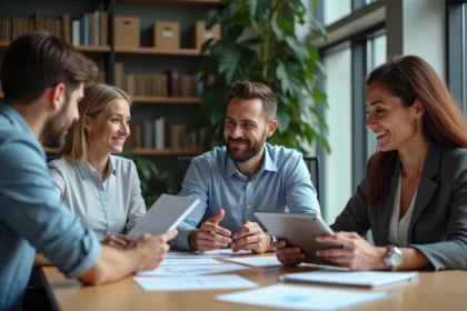 Trois professionnels en réunion dans un bureau moderne
