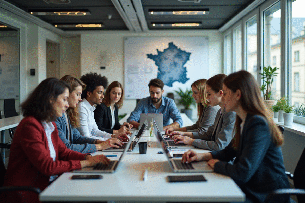 Groupe de jeunes professionnels collaborant dans un open space à Paris