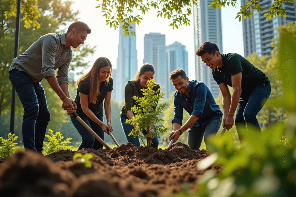 Professionnels plantant des arbres dans un parc urbain ensoleille