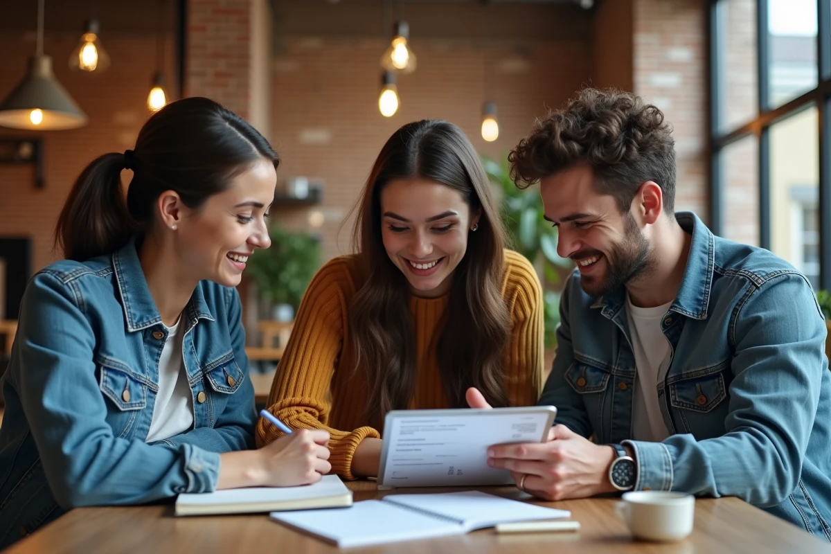 Groupe de stagiaires discutant de leur rémunération de stage et de leurs droits légaux en 2026 dans un espace de coworking
