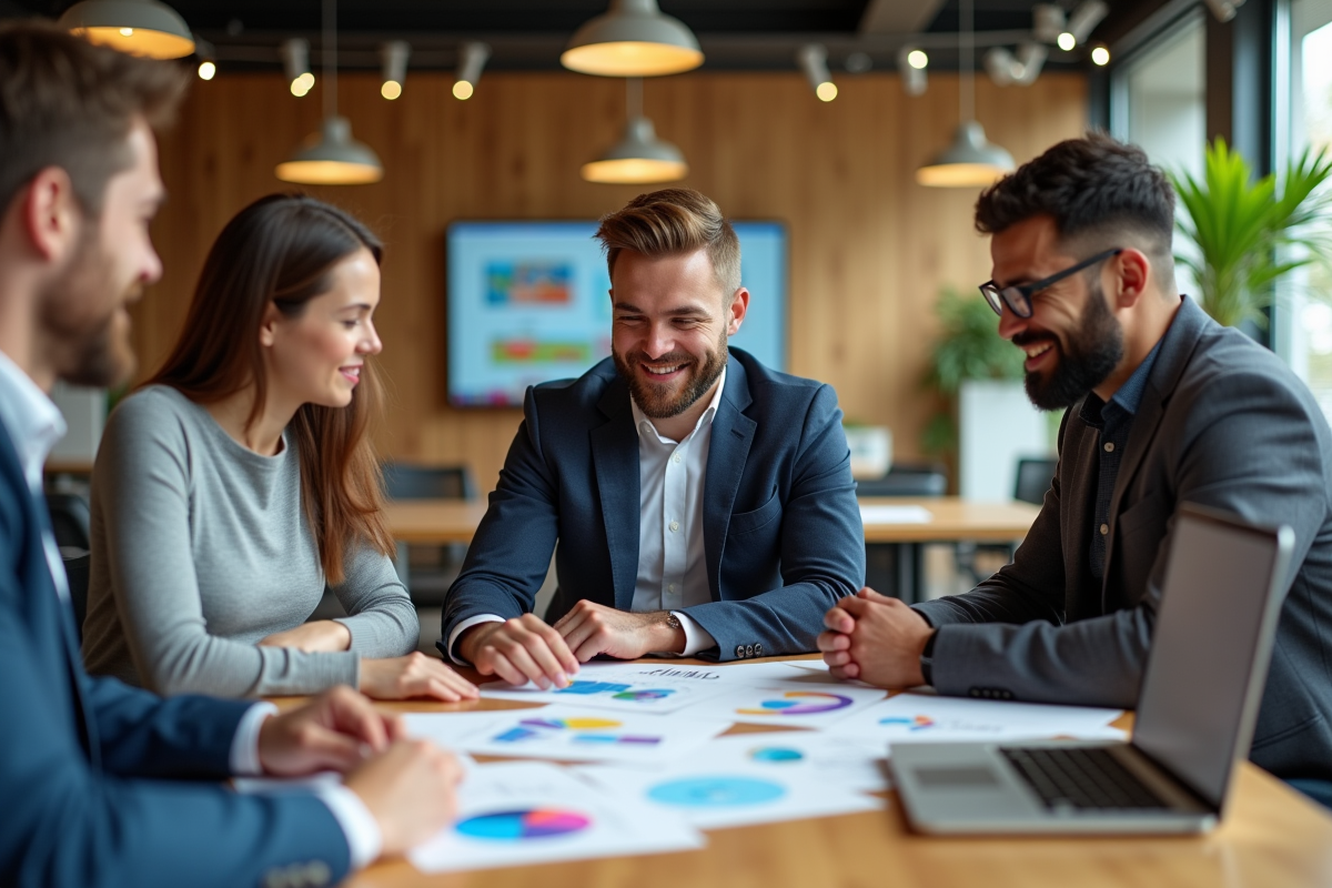 Groupe diversifié en réunion discutant de projets et graphiques