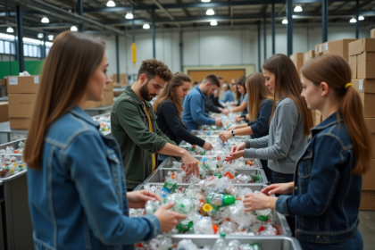 Groupe de personnes triant des déchets dans un centre de recyclage