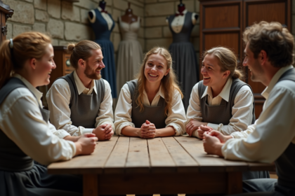 Groupe de bénévoles en costumes historiques souriants