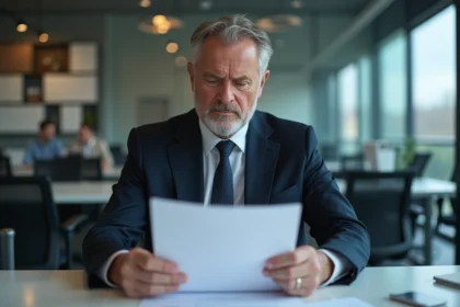 Homme d affaires lisant une lettre de licenciement dans un bureau