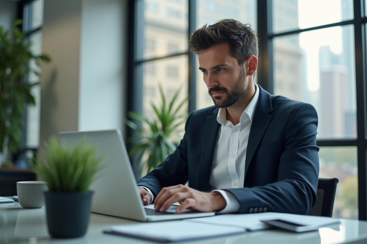 Homme d'affaires concentré analysant un tableau de bord