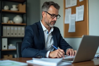 Homme d'affaires en costume calculant des chiffres dans un bureau