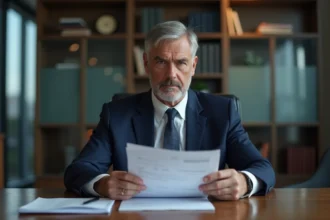 Homme d'affaires en costume lisant des documents importants