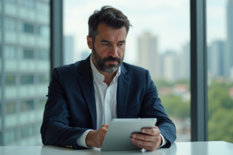 Homme d'affaires confiant avec tablette dans un bureau moderne