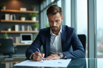Homme d'affaires en costume analysant un rapport dans un bureau moderne