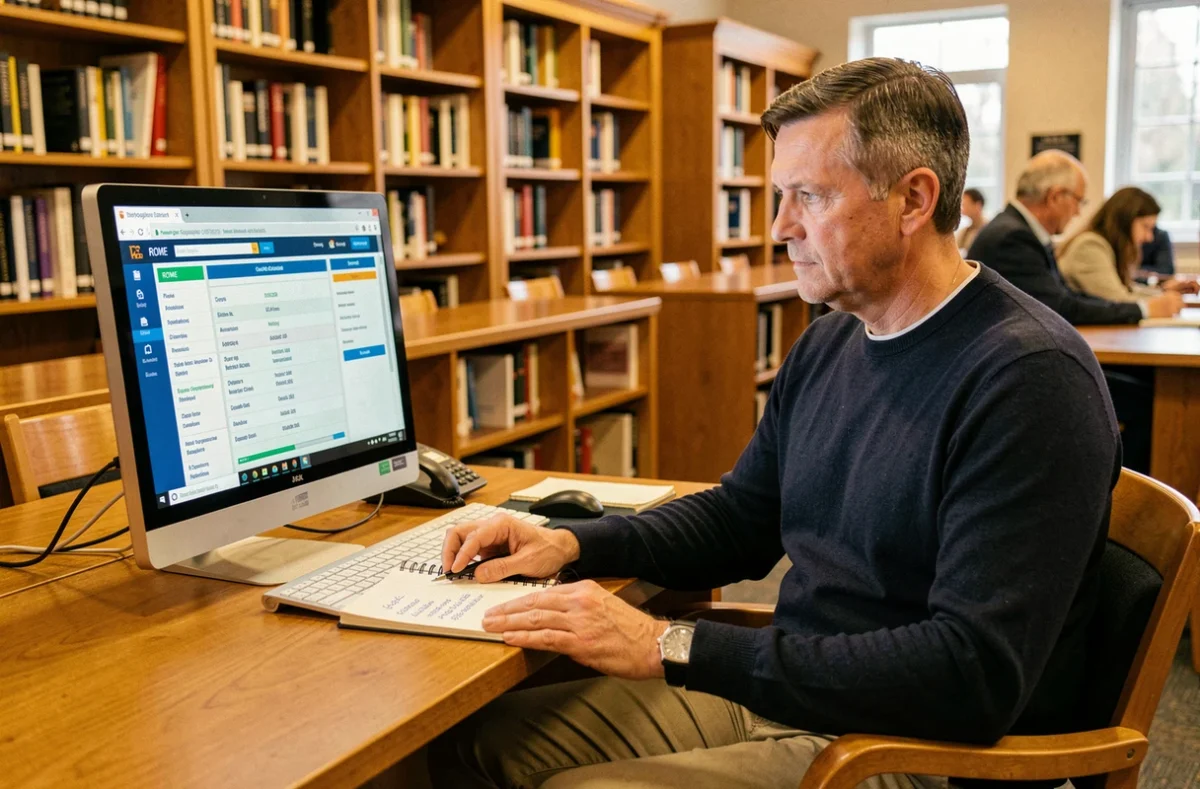 Homme en bibliothèque utilisant un ordinateur pour consulter des fiches ROME dans le cadre de sa recherche d'emploi