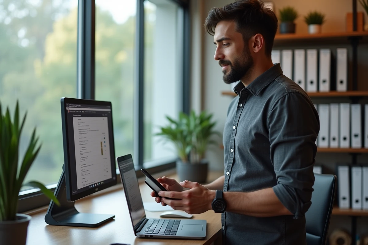Homme debout à son bureau utilisant une tablette et un ordinateur portable pour naviguer dans un portail professionnel