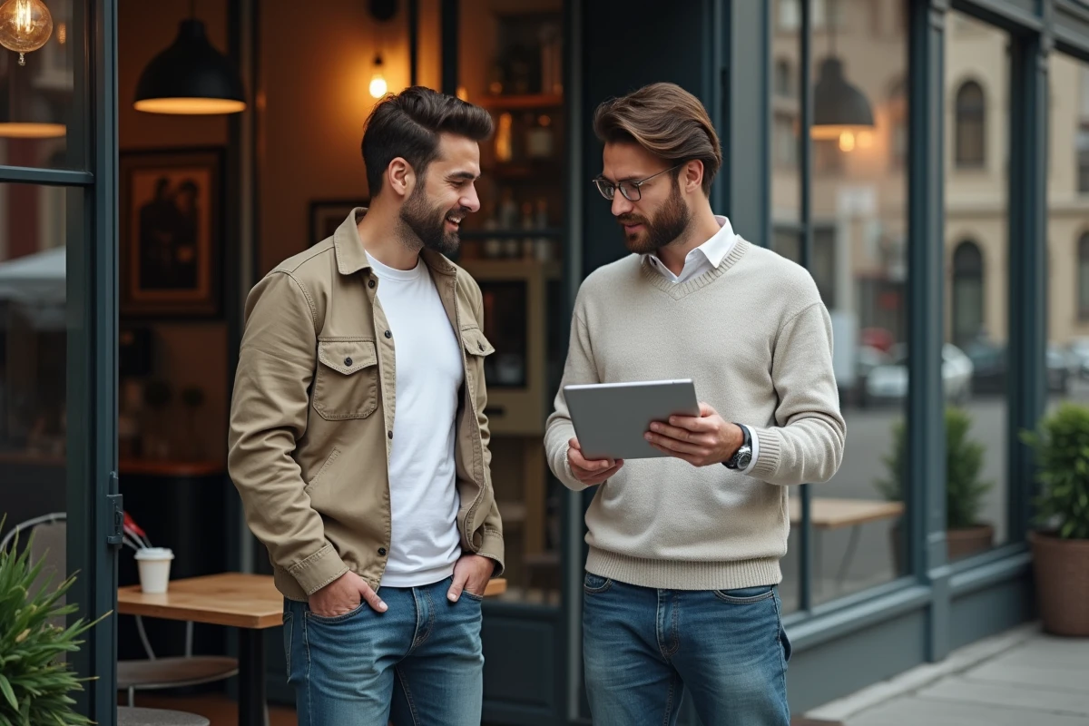 Homme discutant stratégie dans un café en extérieur