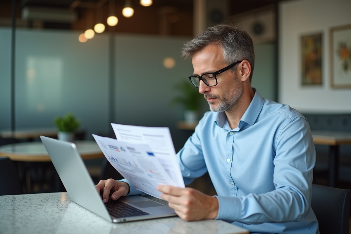 Homme d age moyen travaillant sur son ordinateur dans un café
