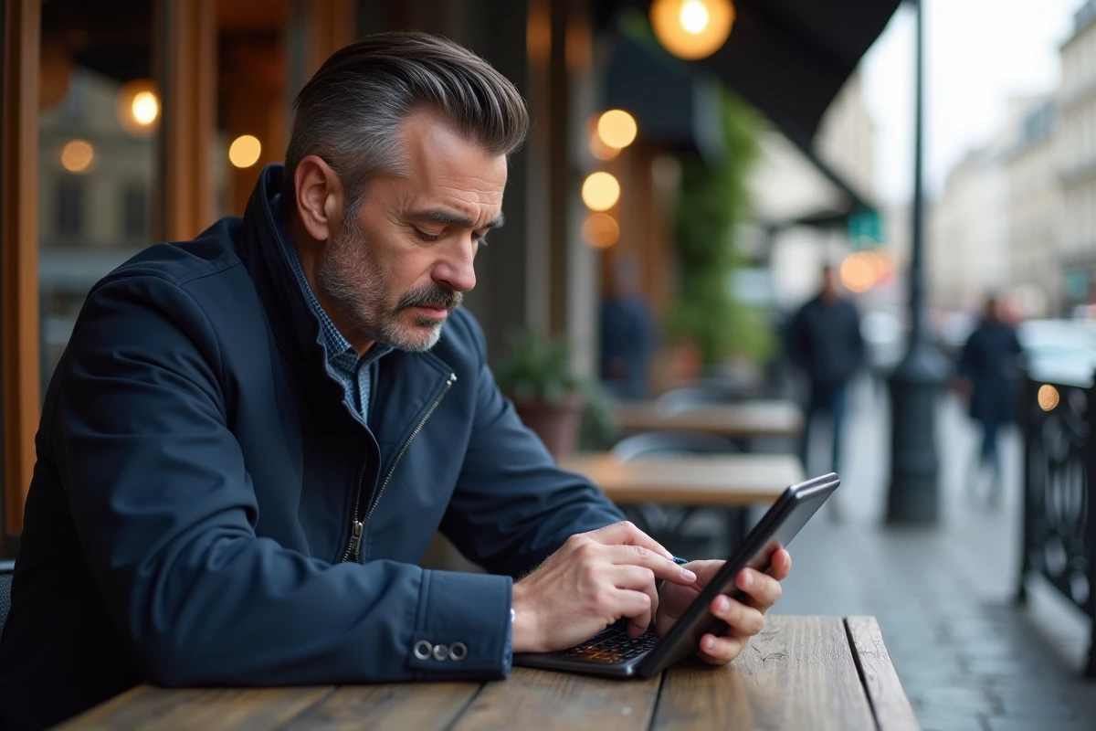 Homme au café vérifiant son login sur tablette dans la rue