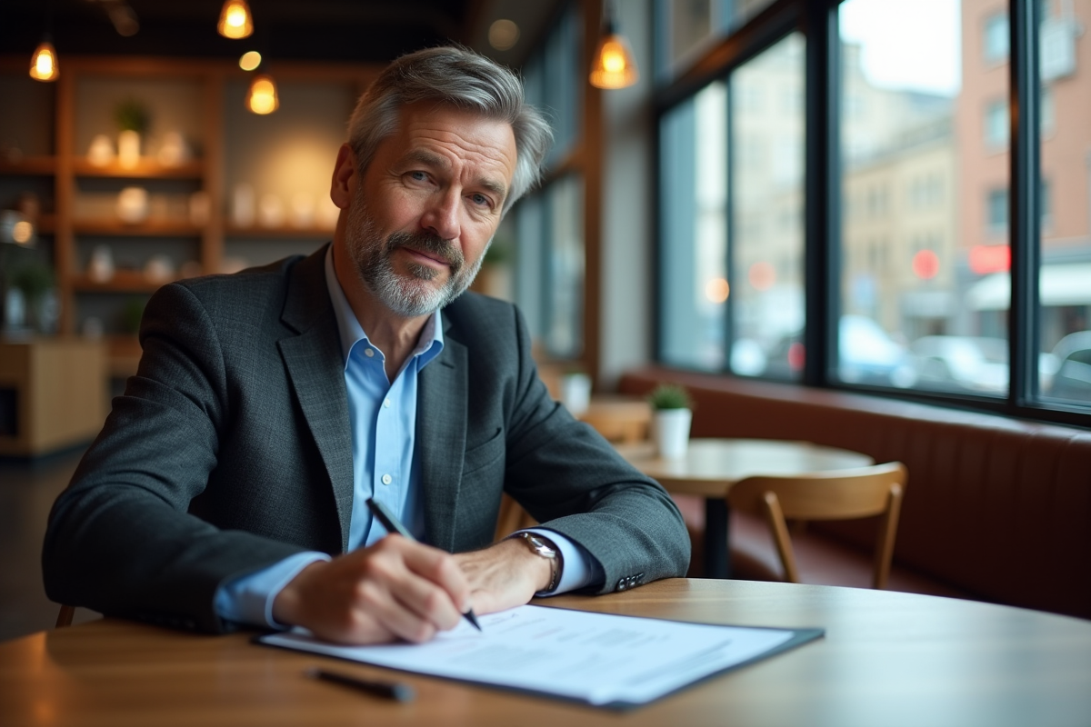 Homme en costume au café analysant son CV
