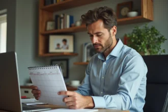 Homme réfléchi dans son bureau à domicile avec calendrier