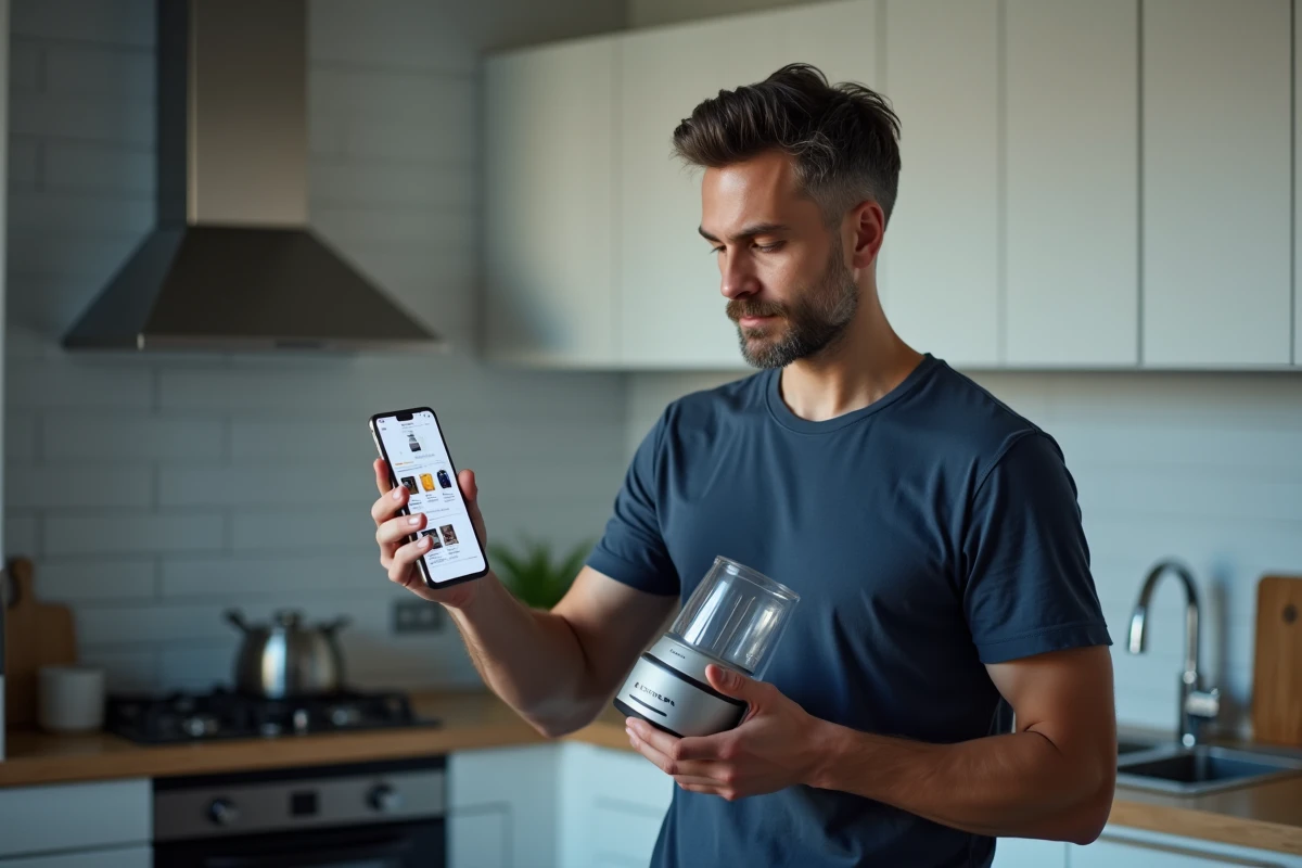 Homme comparant la fiche produit Amazon sur smartphone avec le marquage CE Export Chine d'un appareil électroménager