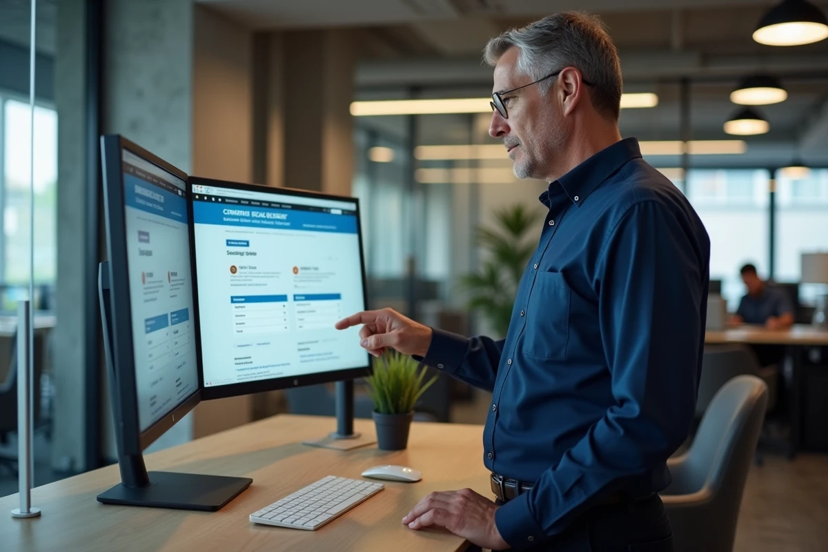 Homme en co-working comparant des plateformes d'emploi généralistes et spécialisées sur un grand écran