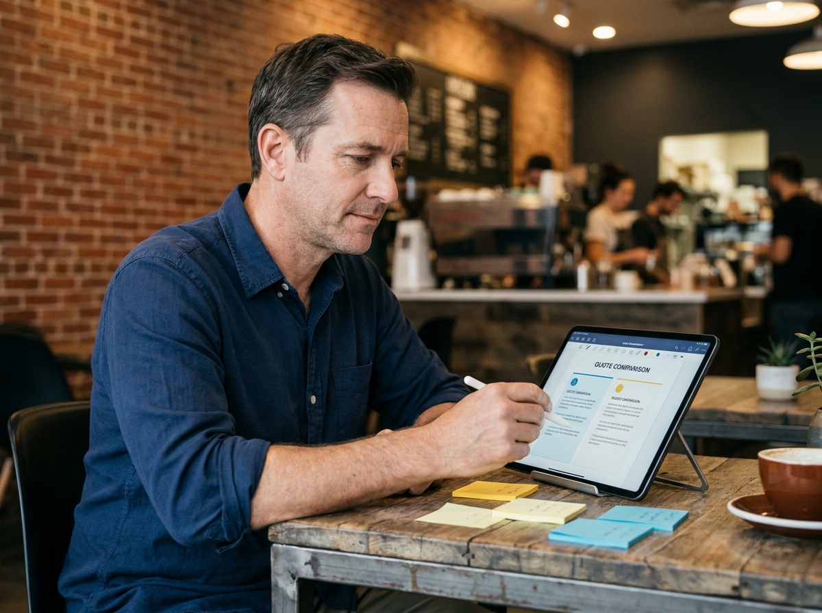 Homme consultant un comparateur de devis sur tablette dans un café urbain moderne
