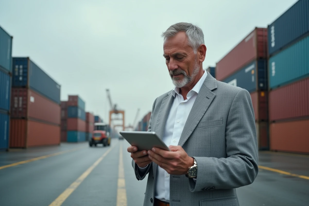 Homme vérifiant un tableau numérique près de containers